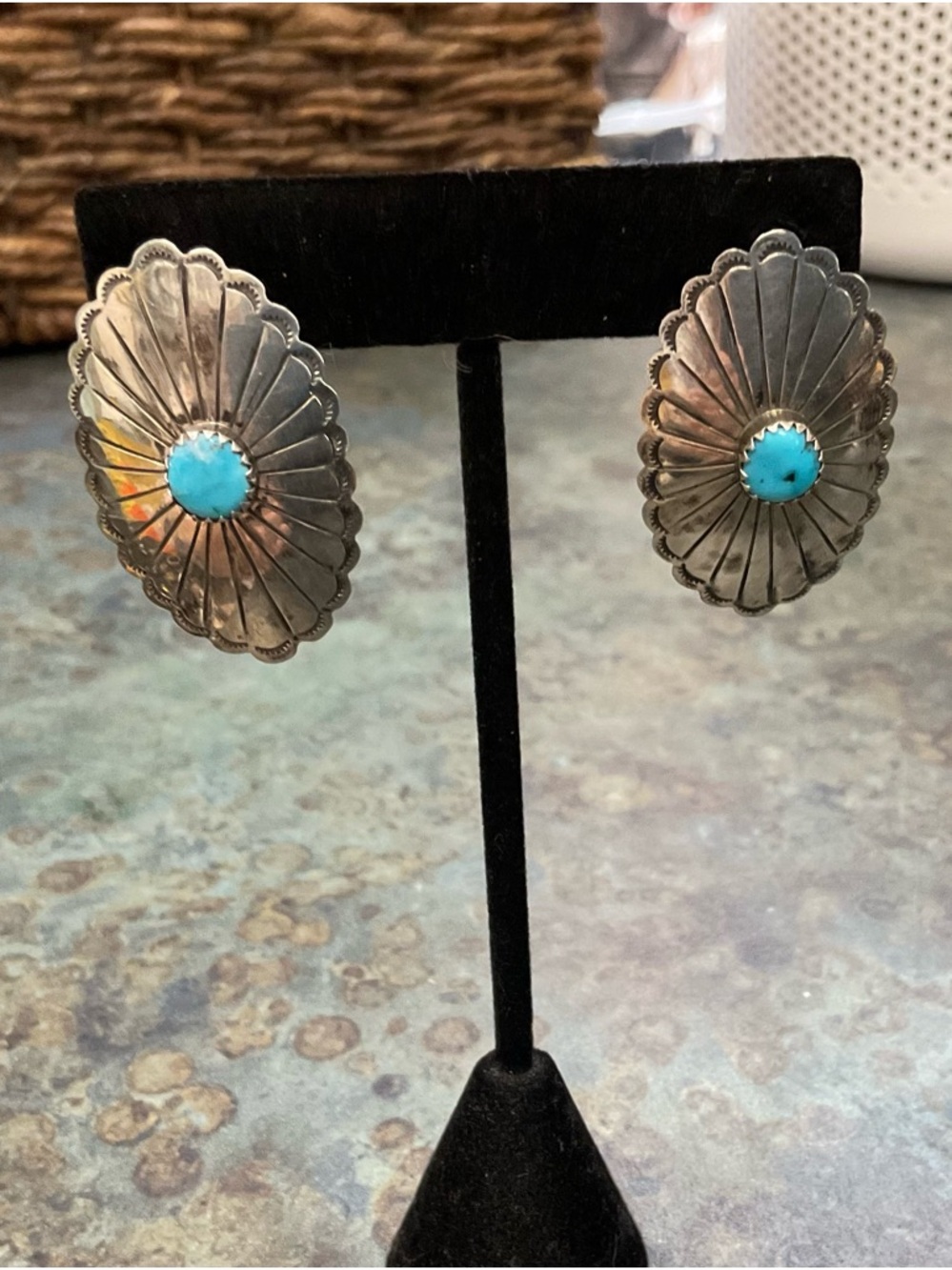 Turquoise Center Silver Floral Oval Earrings - Women Jewelry